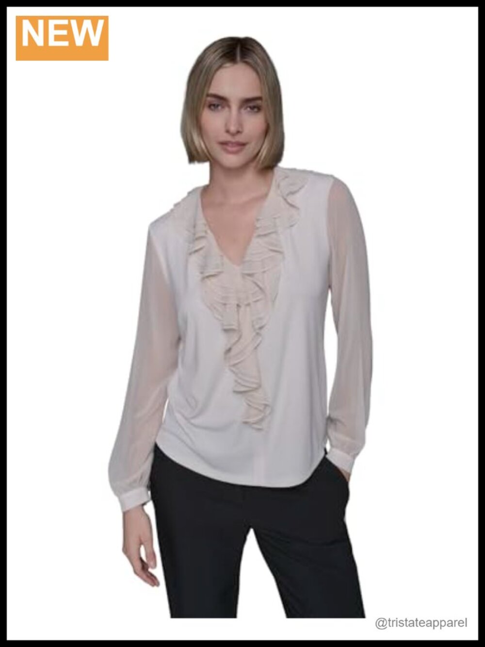 Sheer Long Sleeve Ruffle Front V-Neck Woven Blouse